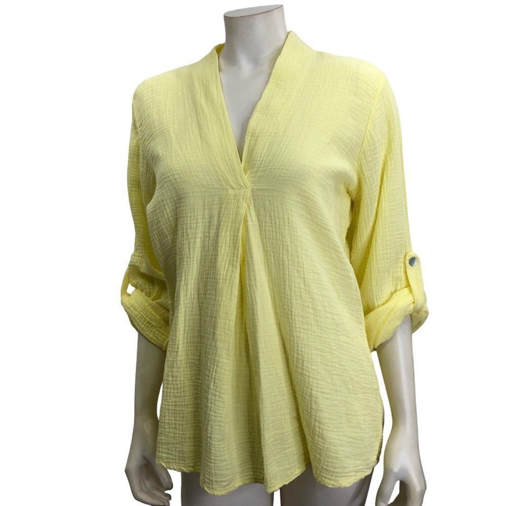 M MADE IN ITALY LADIES WOVEN V NECK ROLL TAB SLEEVE LINEN‎ TOP SM NWT